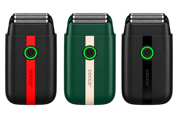 Three Cocco portable electric shavers shown side by side on a white background, each in a different colorway: black with a red vertical stripe, dark green with a cream vertical stripe, and black with a dark gray vertical stripe.