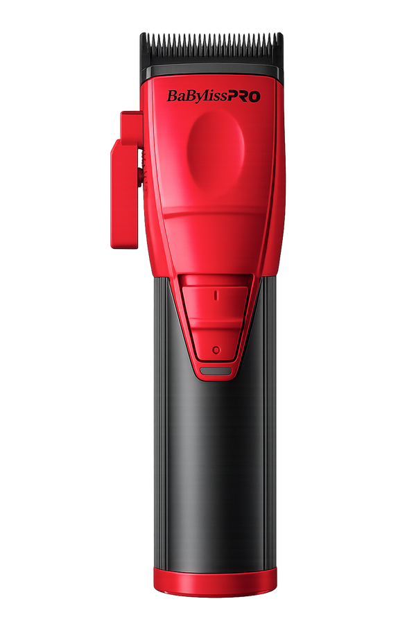 A red and black BabylissPRO CoreFX hair clipper shown from a front-facing perspective on a solid white background.