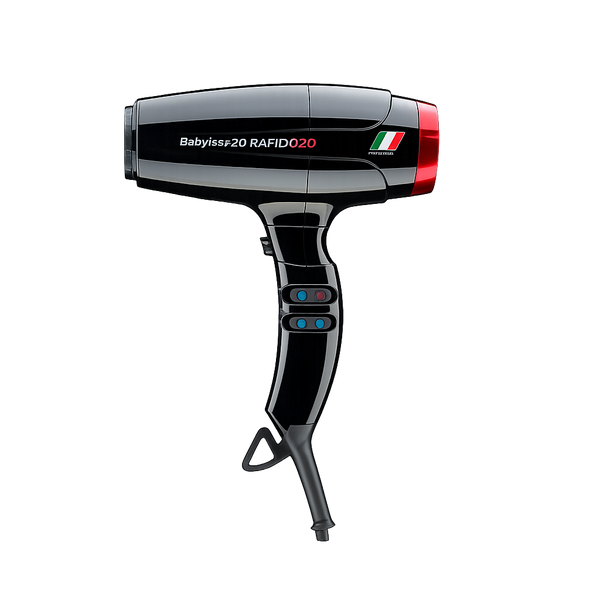 A black BabylissPRO 20 RAIDO 20 hair dryer with a red and green accent on the nozzle, shown against a plain white background.