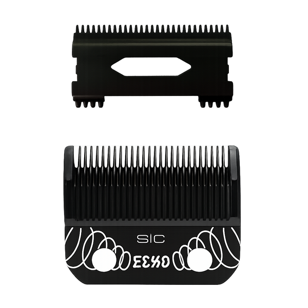 Black metal clipper blade and guard set with white printed graphics and the text 'SIC' and 'EE3D' on a plain white background.