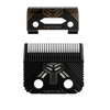 Two black Gamma+ clipper guard blades with gold and silver geometric accents, shown on a plain white background.