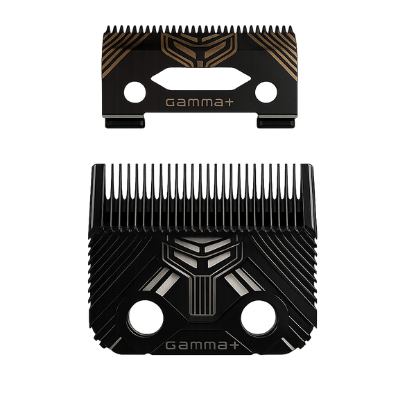 Two black Gamma+ clipper guard blades with gold and silver geometric accents, shown on a plain white background.