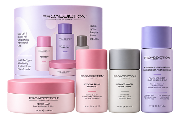 Pro Addiction Try Me Kit inlcuding their repairing mask, intensive repair shampoo, ultimate smooth conditioner, and their purple straightening system. 