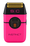A bright pink and black electric shaver with a gold metallic shaving head, featuring the pink 's|c' logo and the word 'INSTINCT' on the front, set against a plain white background.