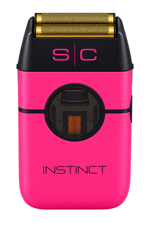 A bright pink and black electric shaver with a gold metallic shaving head, featuring the pink 's|c' logo and the word 'INSTINCT' on the front, set against a plain white background.