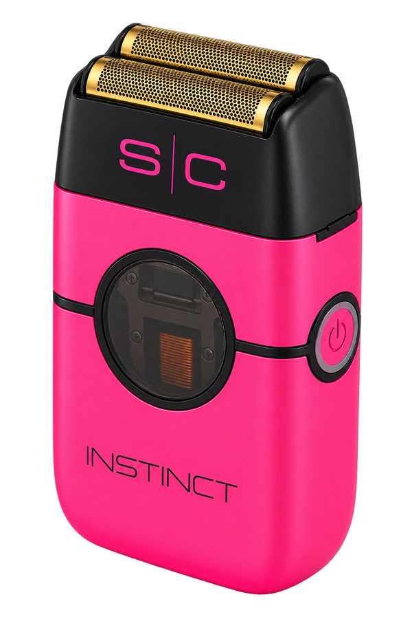 A pink and black portable electric shaver with gold-colored shaving blades, featuring the brand name 'INSTINCT' and 'S|C' on the front, set against a plain white background.