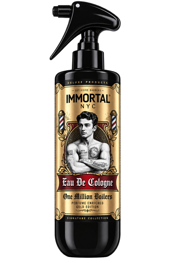 A black spray bottle of Immortal NYC One Million Boilers Eau De Cologne from the Signature Collection, featuring a vintage-style label with a tattooed man and gold ornamental borders.