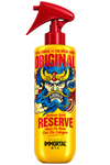 A yellow spray bottle of Immortal Reserve Eau De Cologne with a red trigger sprayer and a colorful graphic of a stylized blue and yellow demon face on the label.