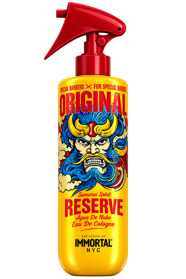 A yellow spray bottle of Immortal Reserve Eau De Cologne with a red trigger sprayer and a colorful graphic of a stylized blue and yellow demon face on the label.