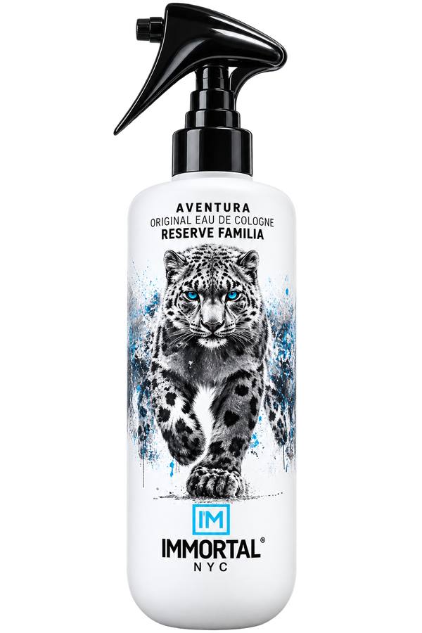 A white spray bottle of Immortal NYC Aventura Original Eau de Cologne Reserve Familia, featuring a graphic of a snow leopard with blue eyes and black spots, on a solid white background.