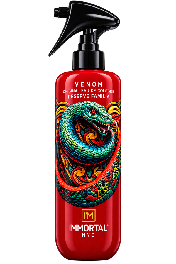 A red spray bottle of Immortal NYC Venom Original Eau de Cologne with a black trigger sprayer and a colorful snake illustration on the front.