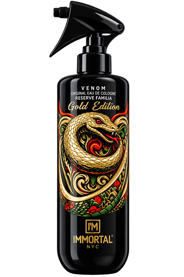 Immortal Venom Gold Edition perfume spray bottle. The black trigger spray bottle features a detailed graphic of a gold snake coiled around red roses with green leaves, and gold and red text on the label.