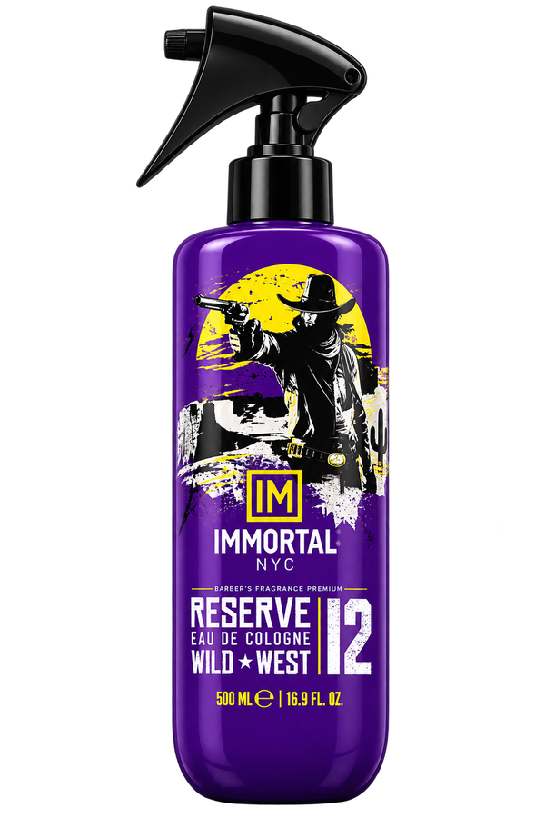 A 500 ml spray bottle of Immortal NYC Reserve Eau de Cologne Wild + West, featuring a vibrant purple body with a black trigger sprayer and a graphic label of a cowboy silhouette against a yellow moon.