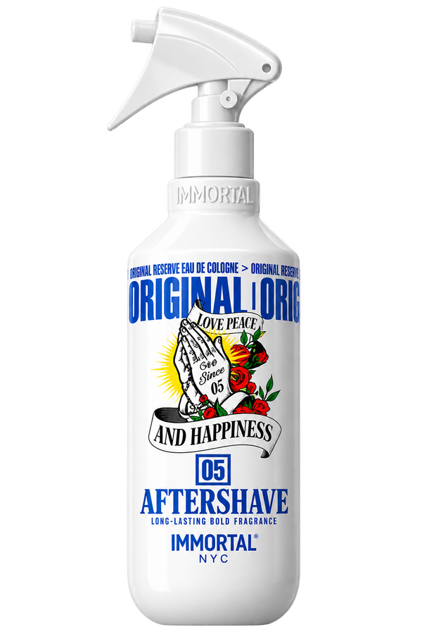A white spray bottle of Immortal Aftershave fragrance with a trigger-top dispenser. The label features blue text and a graphic of praying hands holding red roses, with the scent name 'Original & Happiness' and '05' highlighted.