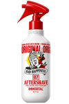 A white spray bottle of Immortal Aftershave with a bright red trigger sprayer and a colorful graphic label featuring praying hands, roses, and bold red text.