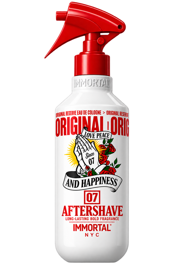 A white spray bottle of Immortal Aftershave with a bright red trigger sprayer and a colorful graphic label featuring praying hands, roses, and bold red text.