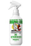 A white spray bottle of Immortal Aftershave fragrance with a trigger sprayer, featuring a vintage-style graphic of praying hands with a heart, red roses, and bold green and black text on a white background.