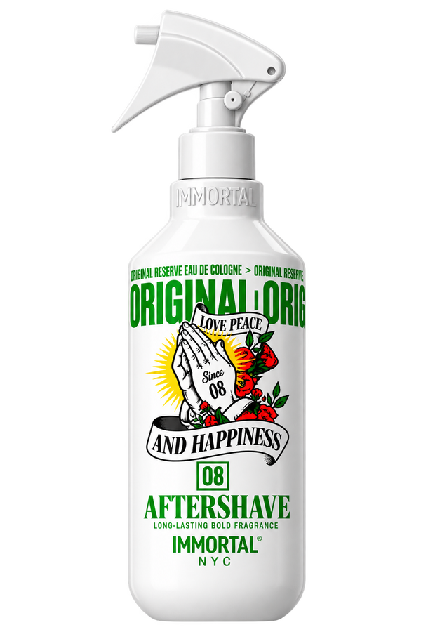 A white spray bottle of Immortal Aftershave fragrance with a trigger sprayer, featuring a vintage-style graphic of praying hands with a heart, red roses, and bold green and black text on a white background.