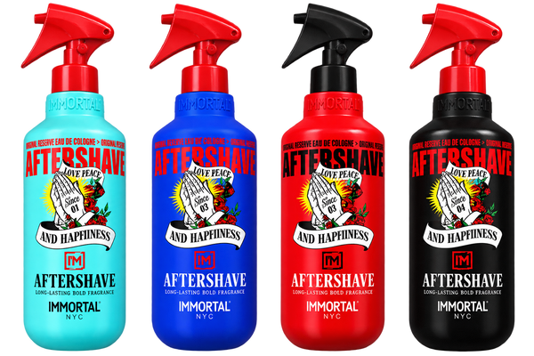 Four Aftershave spray bottles in different colors (light blue, royal blue, red, and black) lined up side-by-side on a white background. Each bottle has a red trigger sprayer and a label featuring praying hands, roses, and the text 'AFTERSHAVE LOVE PEACE AND HAPPINESS' and 'IMMORTAL NYC'.