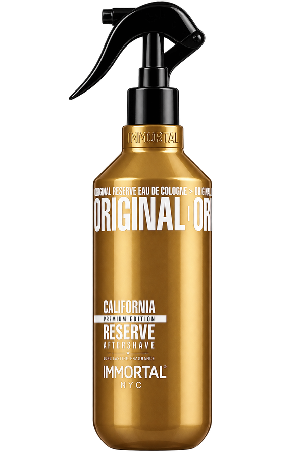 A gold spray bottle of IMMORTAL Original Reserve aftershave with a black trigger sprayer, set against a solid white background.