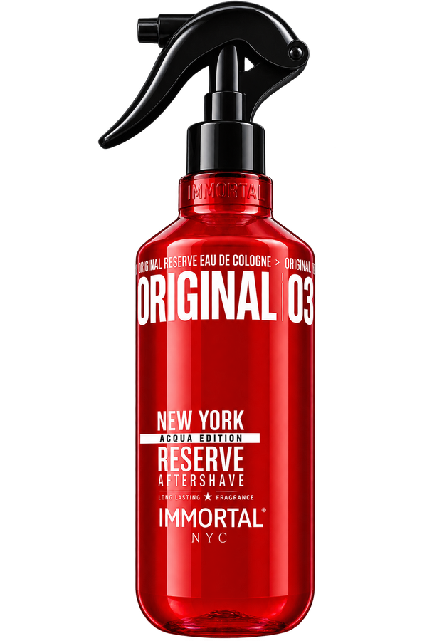 A red spray bottle of Immortal NYC Original 03 Reserve Aftershave with a black trigger sprayer, shown on a solid white background.