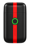 A black rectangular electronic device with rounded corners, featuring a vertical red stripe down the center, a glowing green power button, and the brand name 'cococo' embossed vertically.