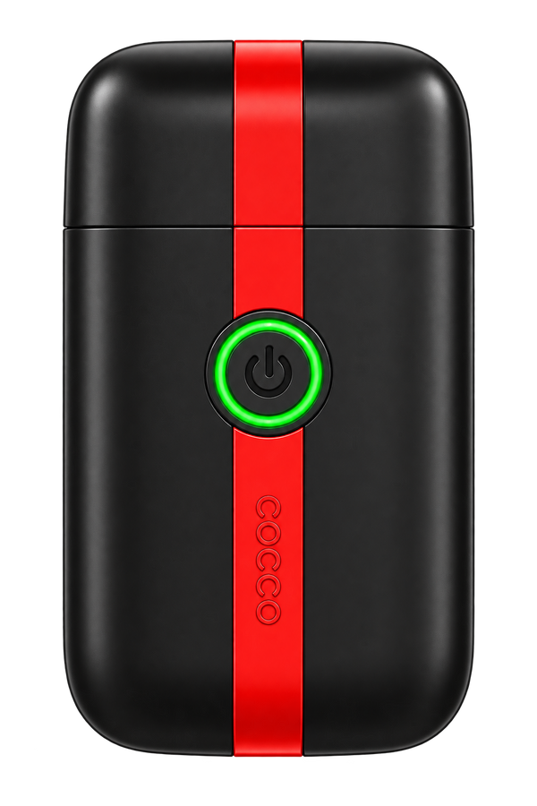 A black rectangular electronic device with rounded corners, featuring a vertical red stripe down the center, a glowing green power button, and the brand name 'cococo' embossed vertically.