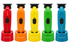 Five Cocco cordless hair trimmers in red, orange, yellow, green, and blue, each shown with its matching charging base on a white background.