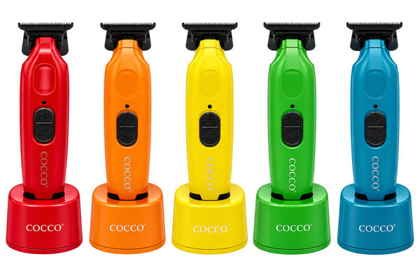Five Cocco cordless hair trimmers in red, orange, yellow, green, and blue, each shown with its matching charging base on a white background.