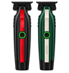 Two Cocco brand cordless hair clippers shown side by side on a white background. The left clipper is black with a vertical red stripe and a green power button.
