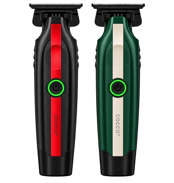 Two Cocco brand cordless hair clippers shown side by side on a white background. The left clipper is black with a vertical red stripe and a green power button.