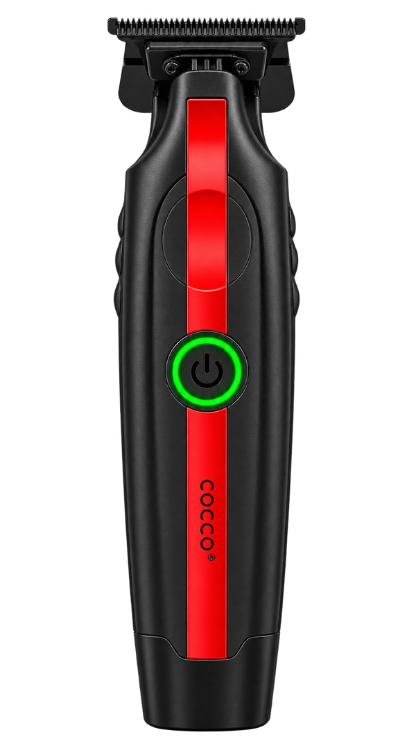 A cordless hair trimmer shown vertically against a solid white background. The trimmer has a black body with a prominent red vertical stripe down the center, a green power button with a glowing green ring, and the brand name 'cocco' printed vertically in black near the bottom.