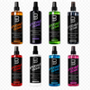 Eight bottles of L3VEL3  aftershave cologne arranged in a 2x4 grid on a transparent/white background, showing different liquid colors and label accents: amber, black, green, blue-gray, orange, purple, red, white, blue, and pink.