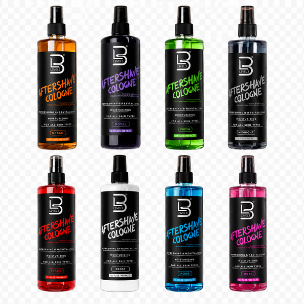 Eight bottles of L3VEL3  aftershave cologne arranged in a 2x4 grid on a transparent/white background, showing different liquid colors and label accents: amber, black, green, blue-gray, orange, purple, red, white, blue, and pink.