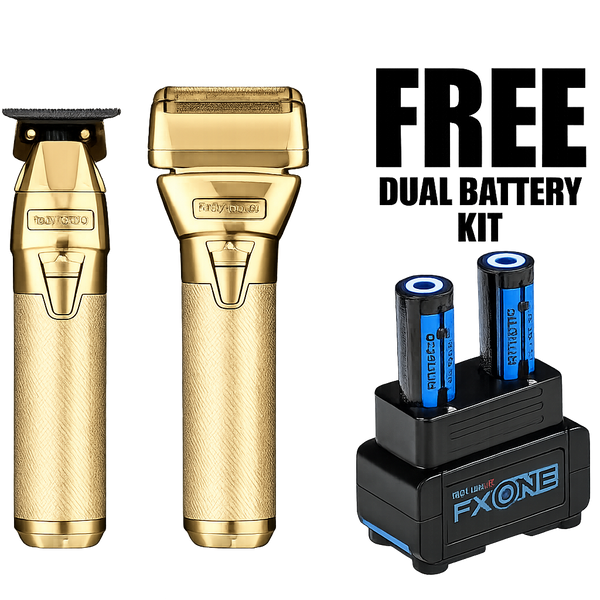 Two gold FXONE hair clippers shown on a white background, alongside a black FXONE dual battery charger and two blue batteries, with large text reading 'FREE DUAL BATTERY KIT'.