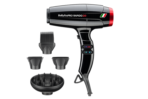 BaBylissPRO RAPIDO 3D hair dryer in black with a red and green accent, shown with four black styling attachments on a plain white background.