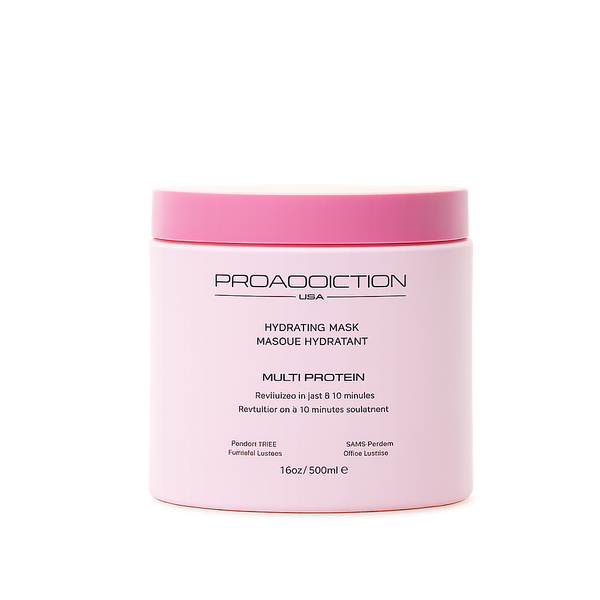 A pink plastic jar of PROADDICTION USA Hydrating Mask Multi Protein on a solid white background.