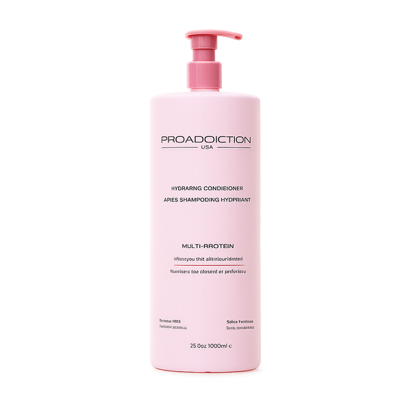 A 25 oz pink bottle of ProAddiction HydraCyclen after shampooing and conditioning hair, featuring a pink pump dispenser and black text on a white background.