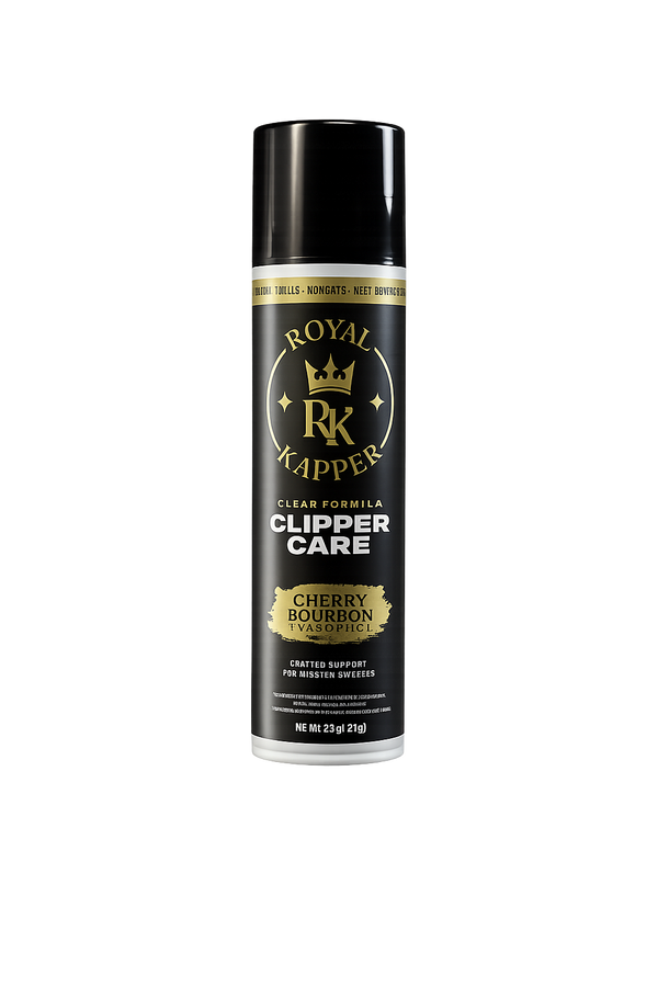 A can of Royal Kappa Clipper Care Cherry Bourbon spray on a plain white background. The product is a black aerosol can with a black cap, featuring a black label with gold and white text and graphics.