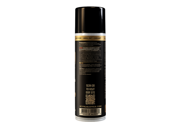A black aerosol can of hair pomade shown from the back on a plain white background, with gold and white text and a barcode label.