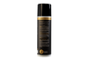 A black aerosol spray can with gold accents and white text, shown from the back on a plain white background.