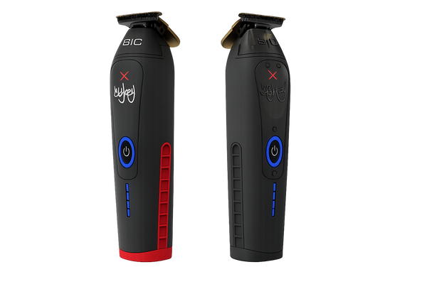Two black electric trimmers shown side by side on a white background, featuring blue circular buttons, red accents, and white branding text.