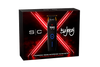 Boxed presentation of a black electric trimmer shown on the front of a black retail box with red neon-style X graphics and white text.