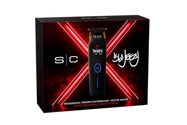Boxed presentation of a black electric trimmer shown on the front of a black retail box with red neon-style X graphics and white text.