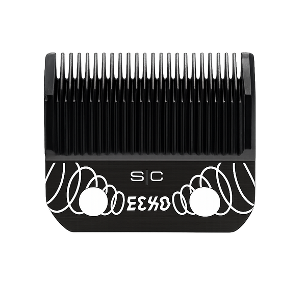 A black clipper guide comb with white printed branding and wavy line graphics, shown against a solid white background.
