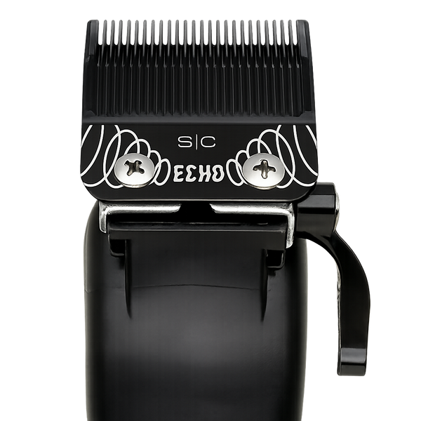Black electric pet clipper with a black comb guard and white printed paw graphics and the text 'SIC' and 'ECHO' on the blade cover, shown against a plain white background.