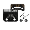 Black metal beard trimmer guide kit with gold accents, including a guide plate, template plate, two spring clips, and two screws on a white background.