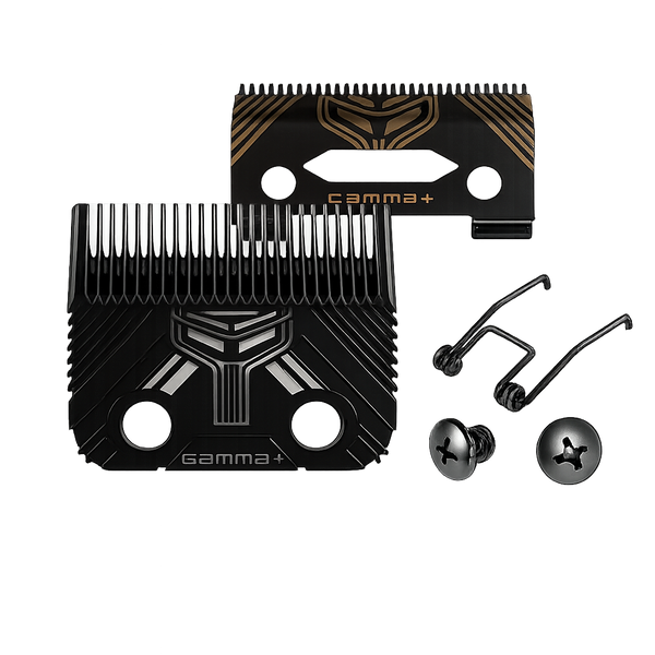 Black metal beard trimmer guide kit with gold accents, including a guide plate, template plate, two spring clips, and two screws on a white background.