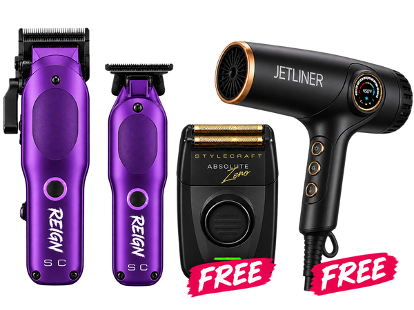 StyleCraft Purple Reign Clipper + Trimmer & Absolute Zero Double Foil Shaver + Jetliner Hair Dryer Bundle