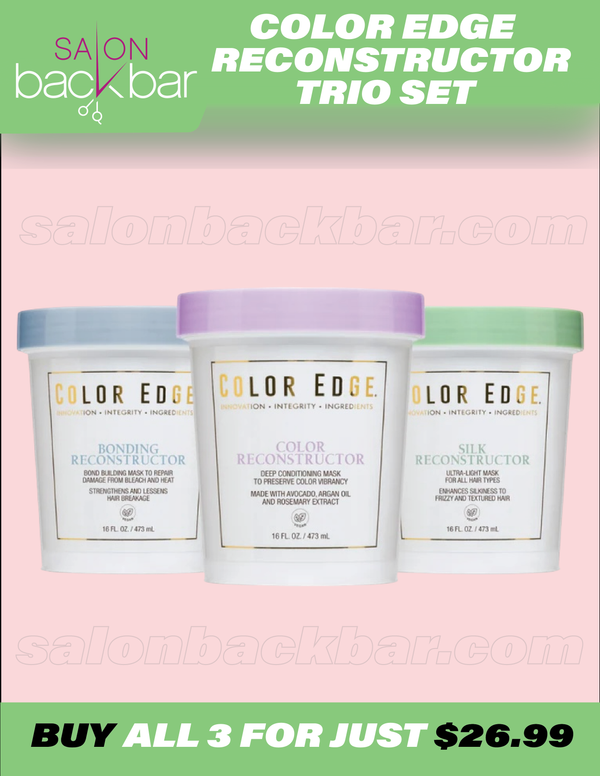 Three containers of Salon Back Bar Color Edge Reconstructor Trio Set on a pink and green background.